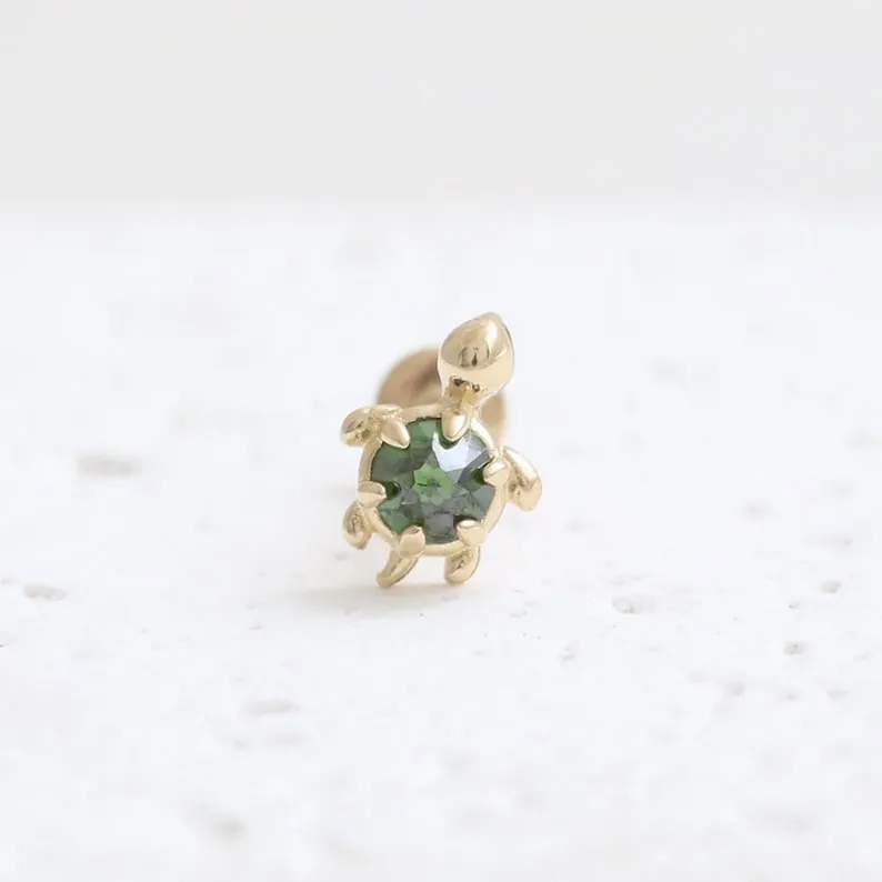 14K Gold Cartilage Helix Tragus Conch Genuine Rose Cut Green Diamond Accent Tiny Turtle Internally Threaded Flat Back Earring Labret