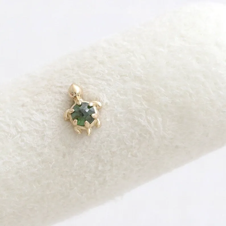 14K Gold Cartilage Helix Tragus Conch Genuine Rose Cut Green Diamond Accent Tiny Turtle Internally Threaded Flat Back Earring Labret