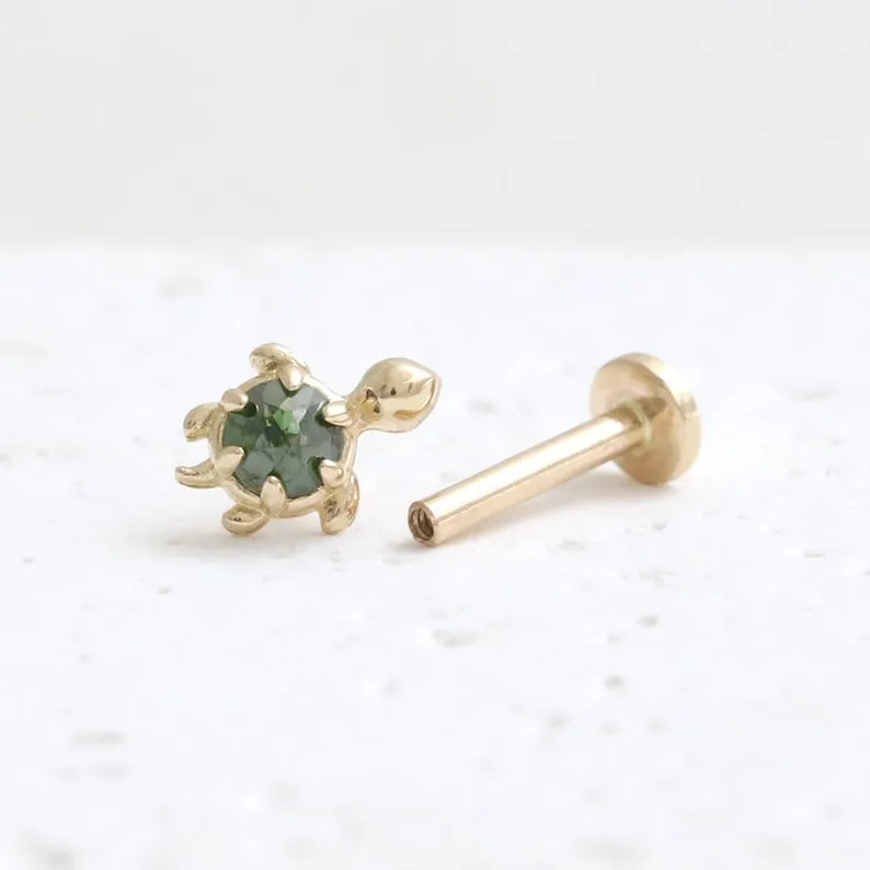 14K Gold Cartilage Helix Tragus Conch Genuine Rose Cut Green Diamond Accent Tiny Turtle Internally Threaded Flat Back Earring Labret