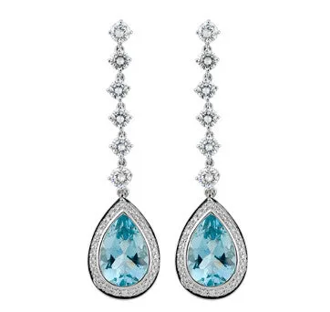 18K White Gold Diamond And Aqua Marine Drop Dangle Earrings