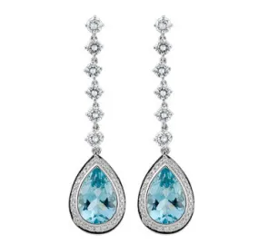 18K White Gold Diamond And Aqua Marine Drop Dangle Earrings