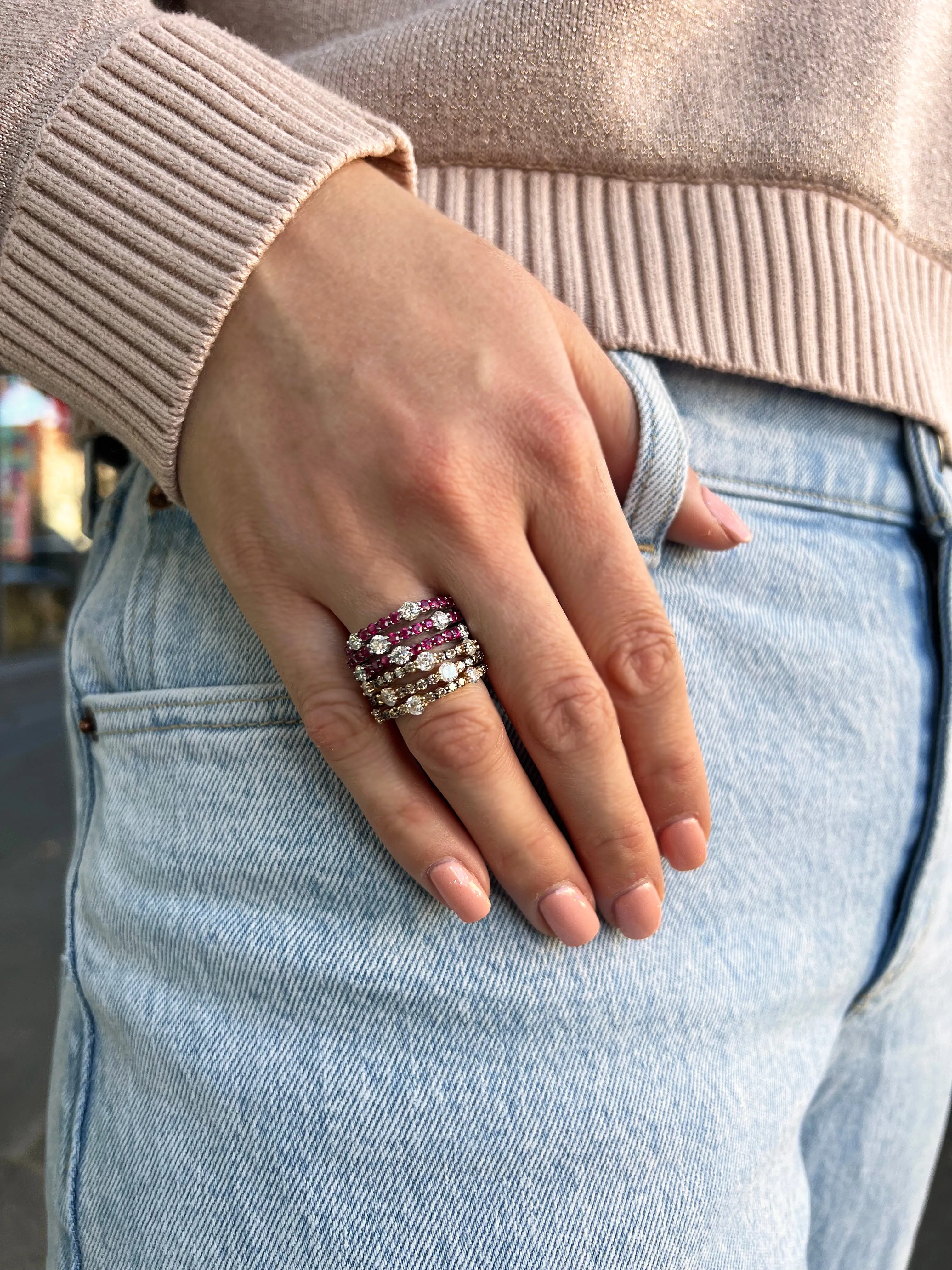 AFJ Diamond Collection - Tri Layered Diamond Ring with Rubies, White Gold