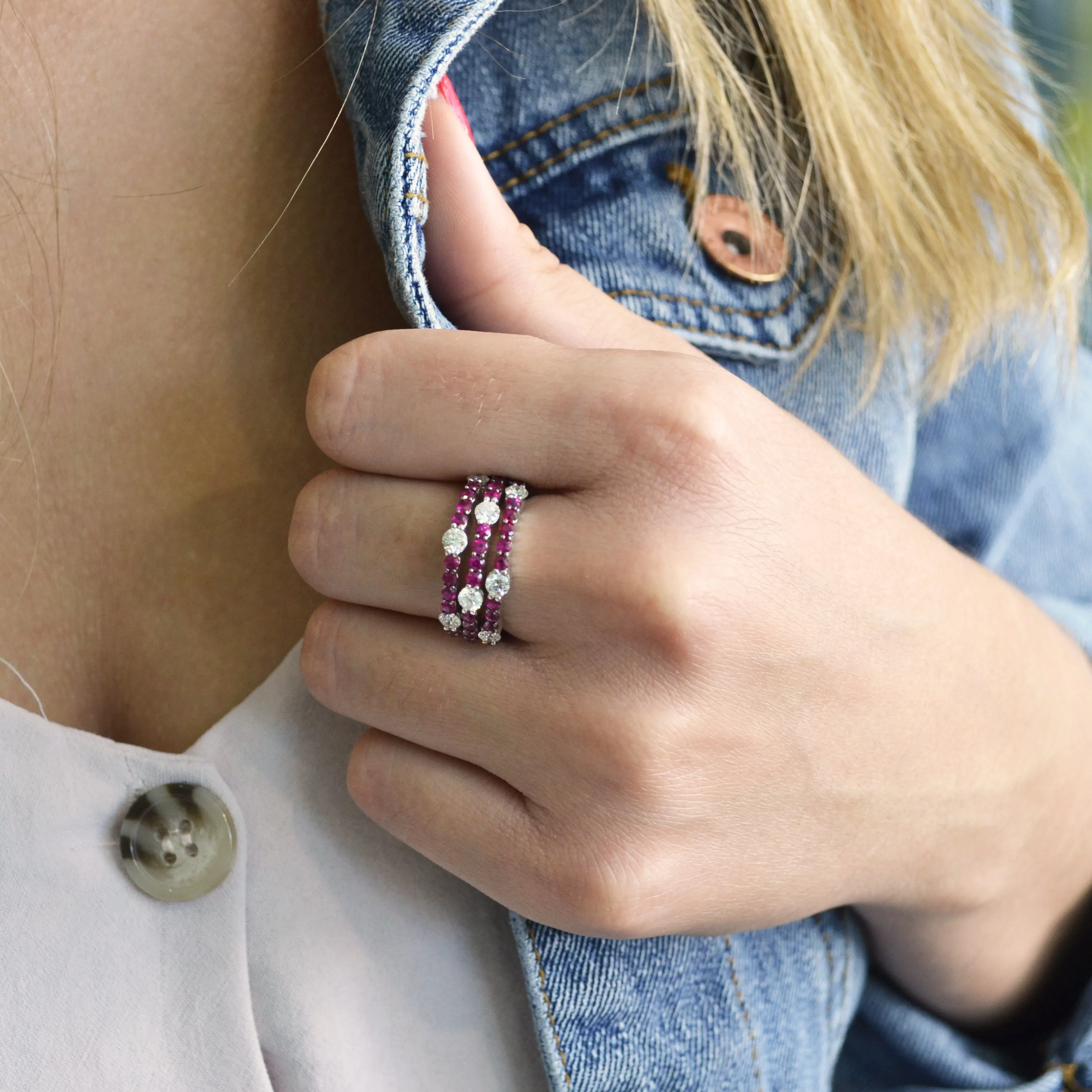 AFJ Diamond Collection - Tri Layered Diamond Ring with Rubies, White Gold