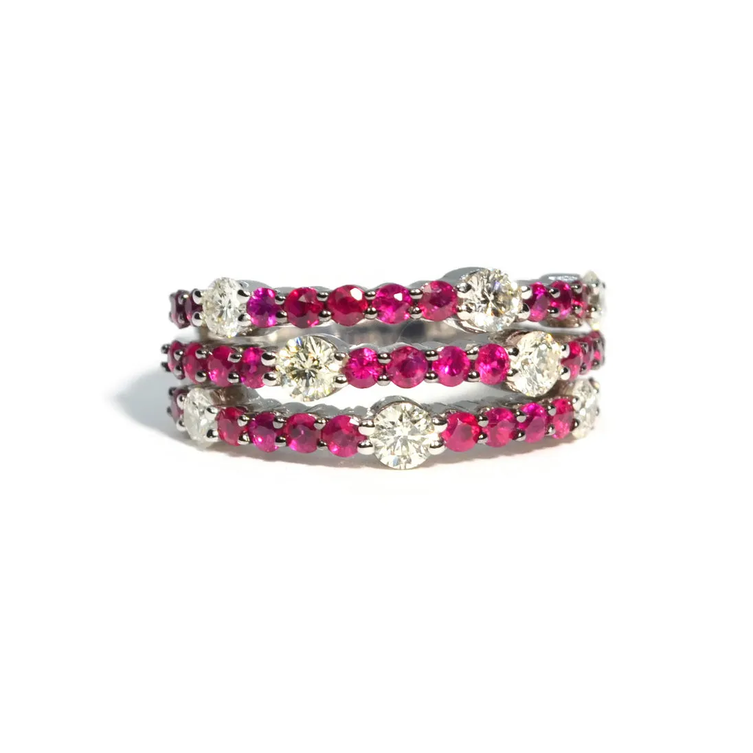 AFJ Diamond Collection - Tri Layered Diamond Ring with Rubies, White Gold