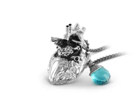 Anatomical Heart Necklace with Blue Topaz - Silver