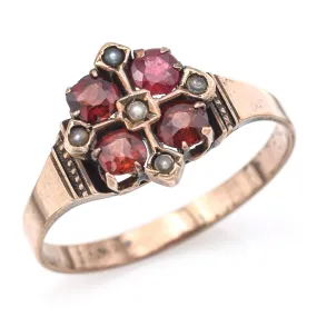 Antique 10K Yellow Gold Garnet & Sea Pearl Band Ring