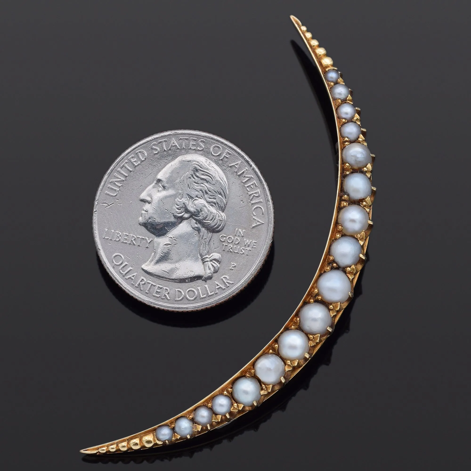 Antique 14K Yellow Gold Pearl Crescent Moon Brooch Pin