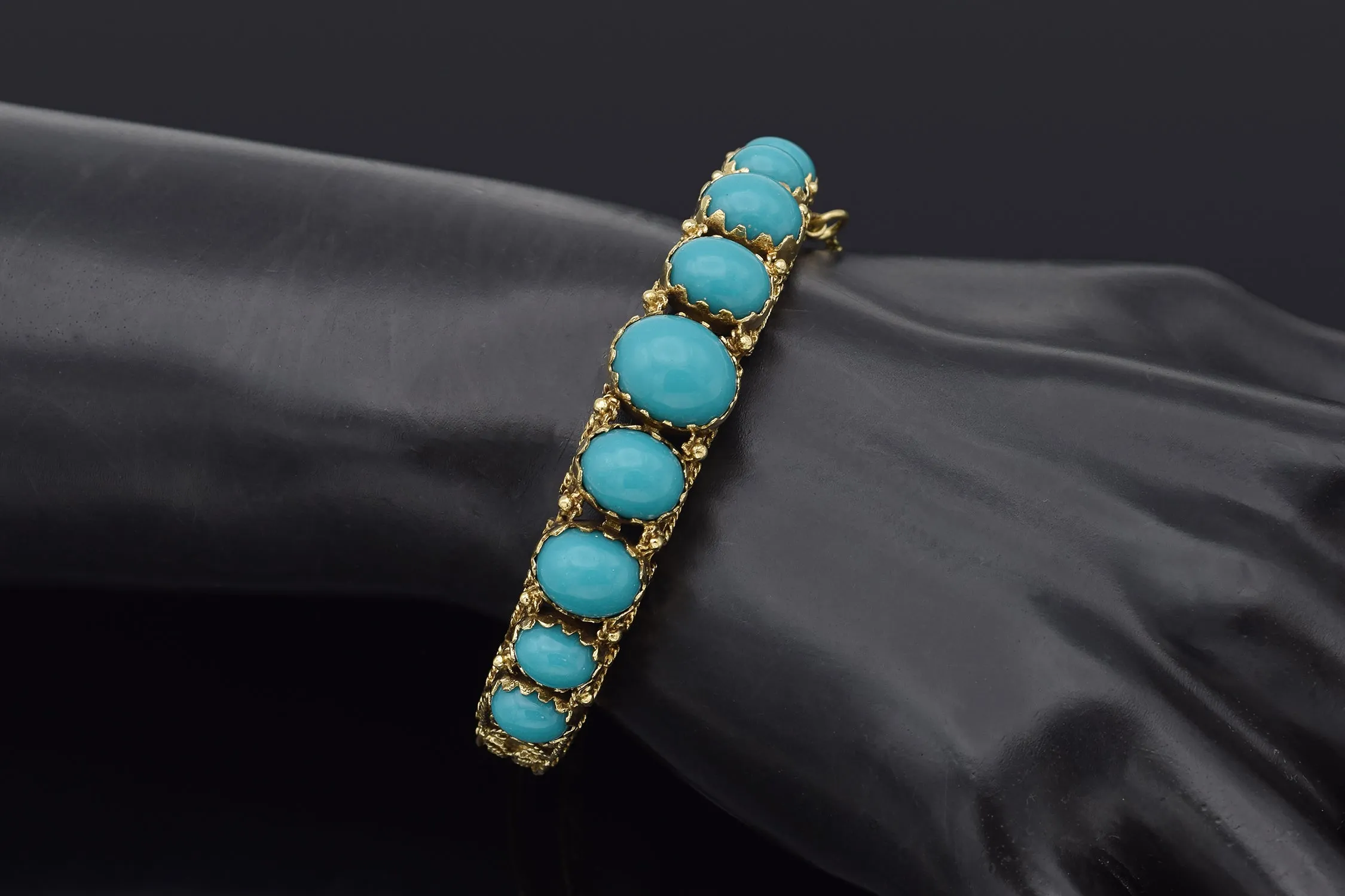 Antique 14K Yellow Gold Turquoise Hinged Bangle Bracelet