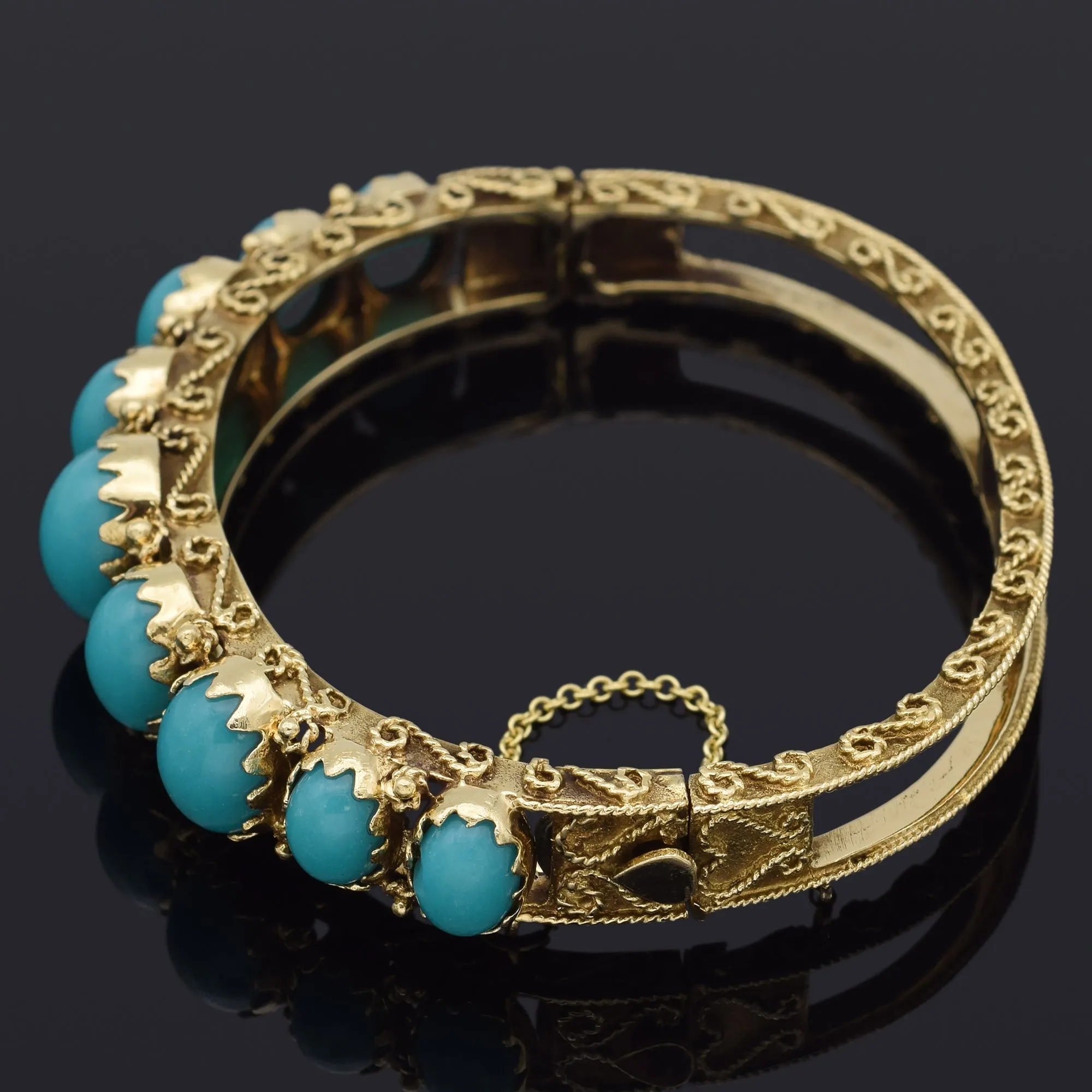 Antique 14K Yellow Gold Turquoise Hinged Bangle Bracelet