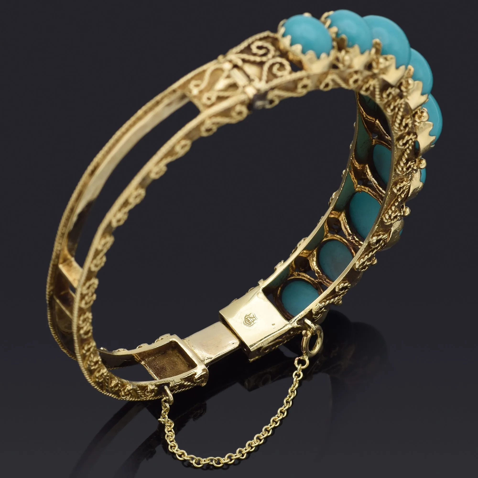 Antique 14K Yellow Gold Turquoise Hinged Bangle Bracelet