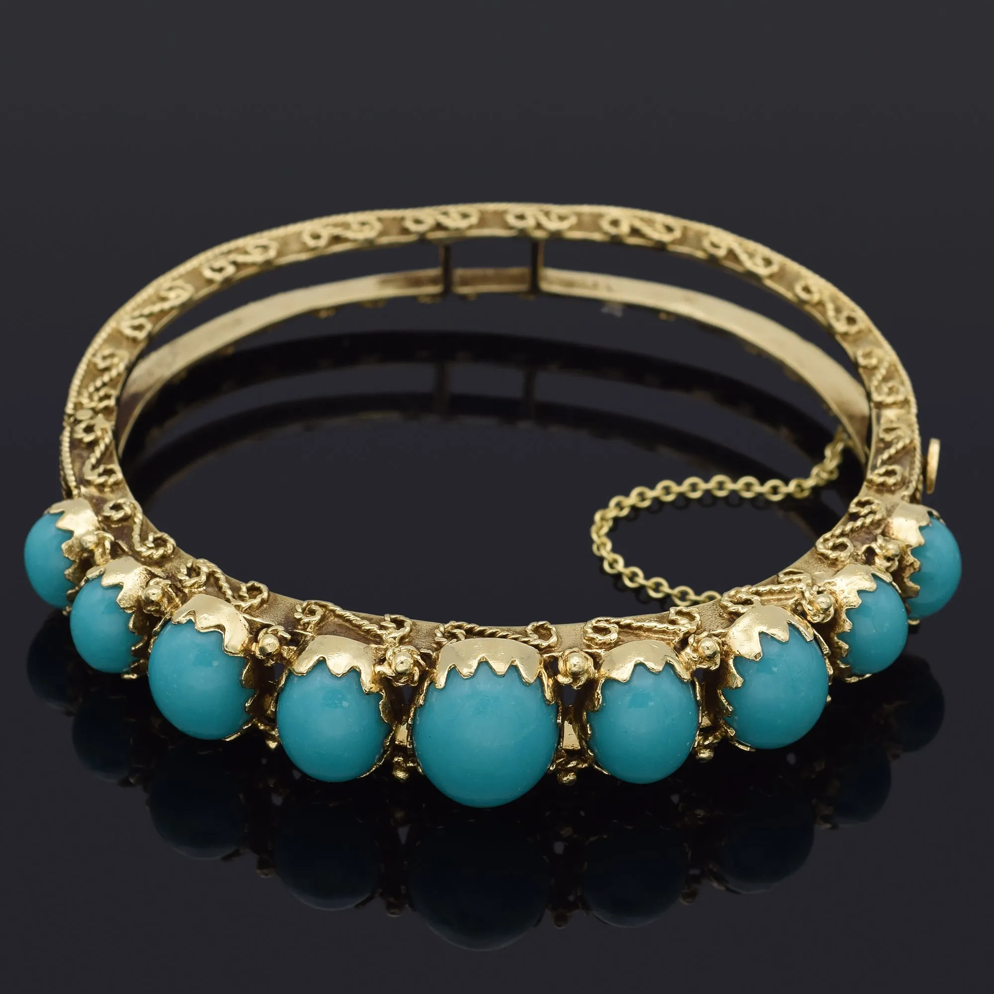 Antique 14K Yellow Gold Turquoise Hinged Bangle Bracelet