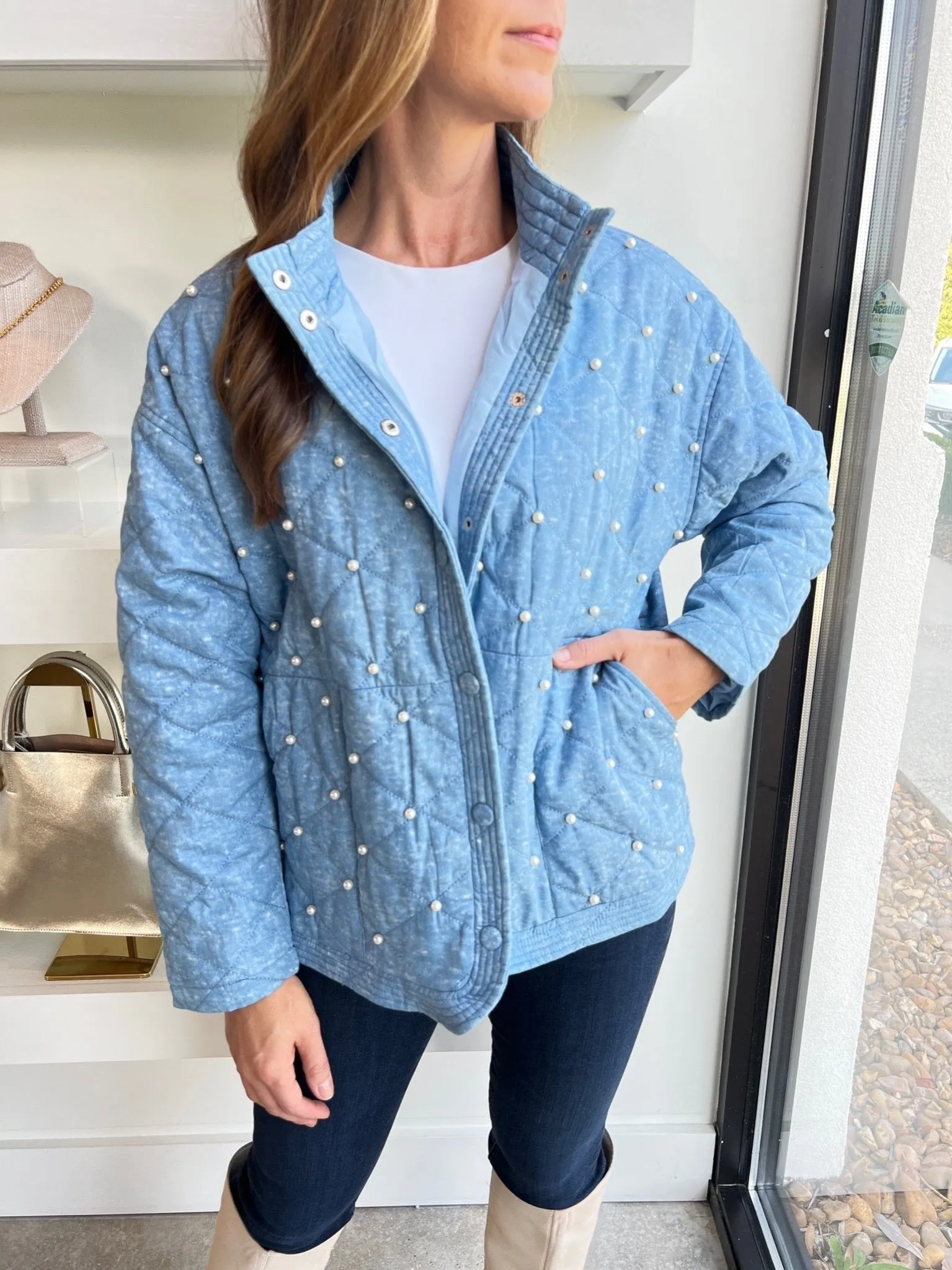 Blue Quilted Pearl Beaded Jacket