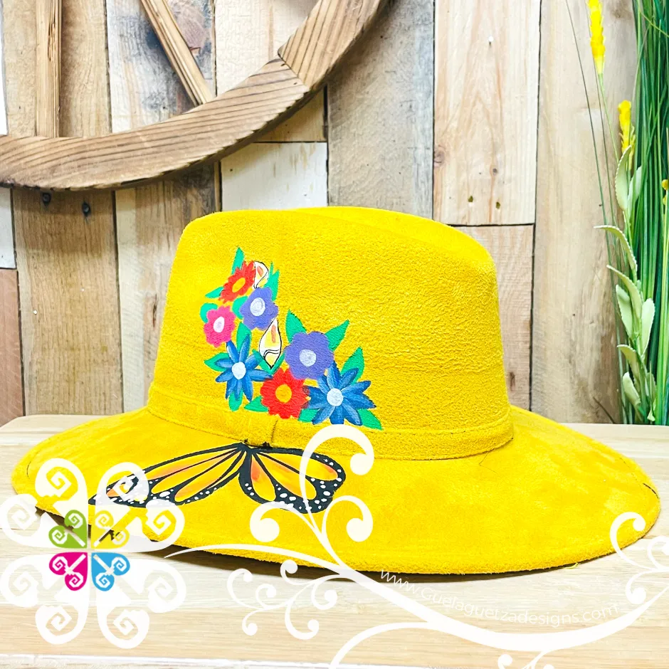 Canary Yellow Monarch and Flowers - Hand Painted Fall Hat