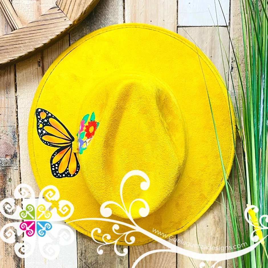 Canary Yellow Monarch and Flowers - Hand Painted Fall Hat