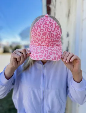 CC Criss Cross High Ponytail Pink Leopard Denim Hat