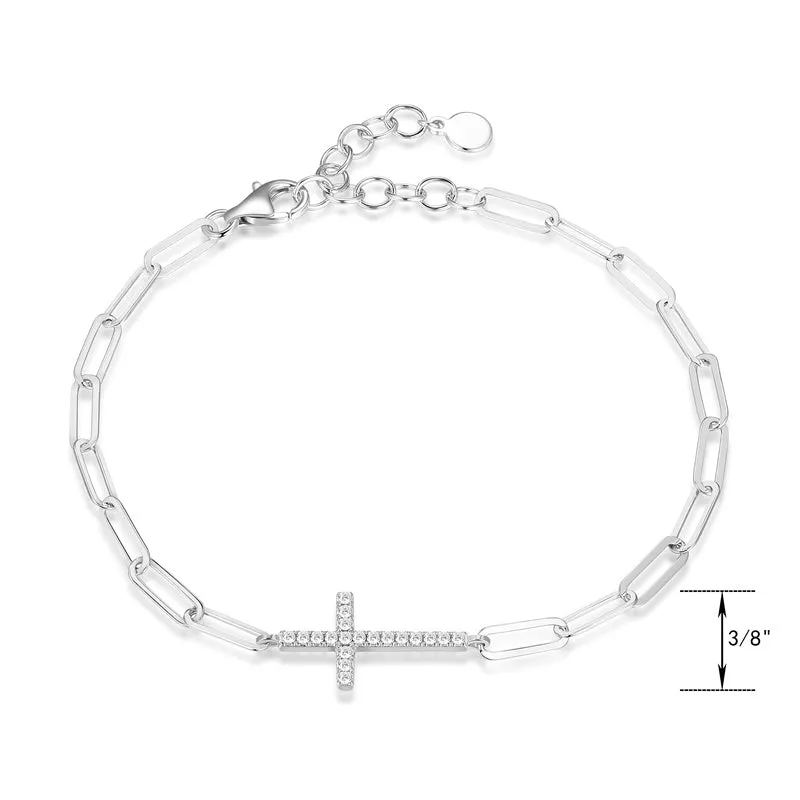 Collection Cubic Zirconia Horizontal Cross Paperclip Chain Link Bracelet in Sterling Silver, 6.25   1.5 Extender