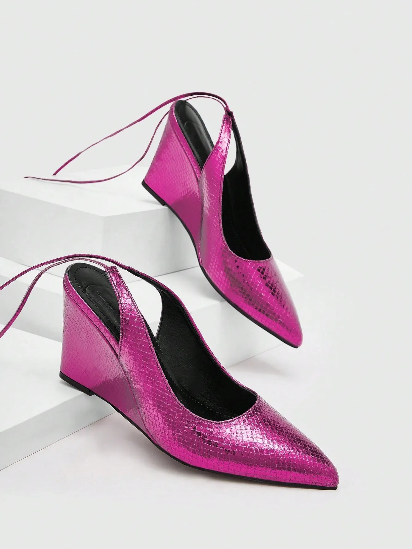 Funky Hot Pink Strappy Wedge Shoes For Women, Snakeskin Embossed Point Toe Tie Leg Design Shoes