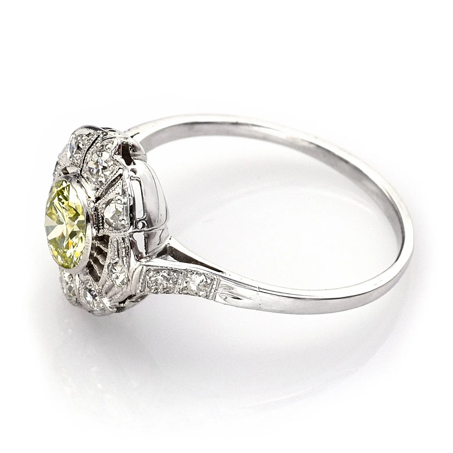 GIA Certified Platinum 0.55 Ct Fancy Light Greenish Yellow Diamond Band Ring