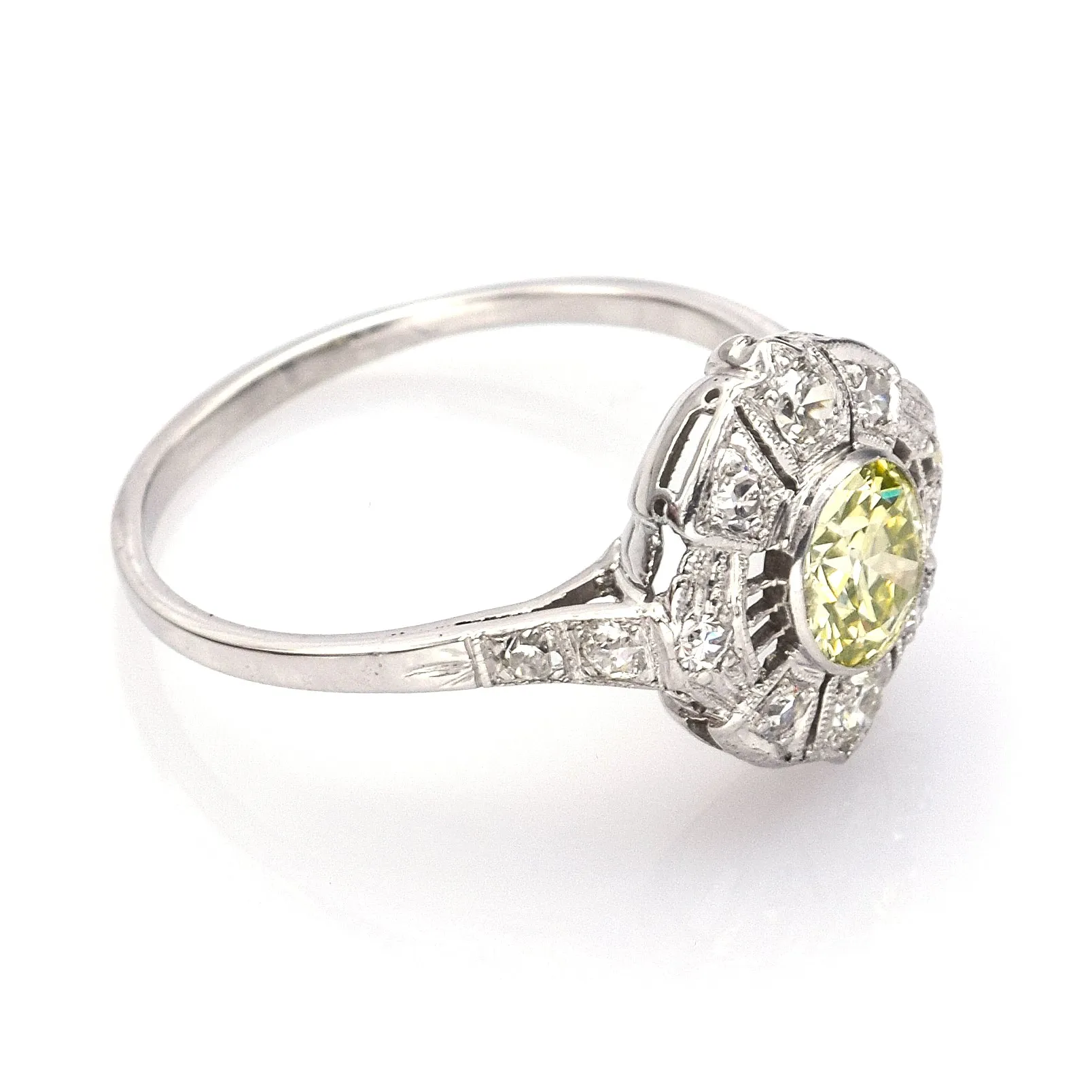 GIA Certified Platinum 0.55 Ct Fancy Light Greenish Yellow Diamond Band Ring