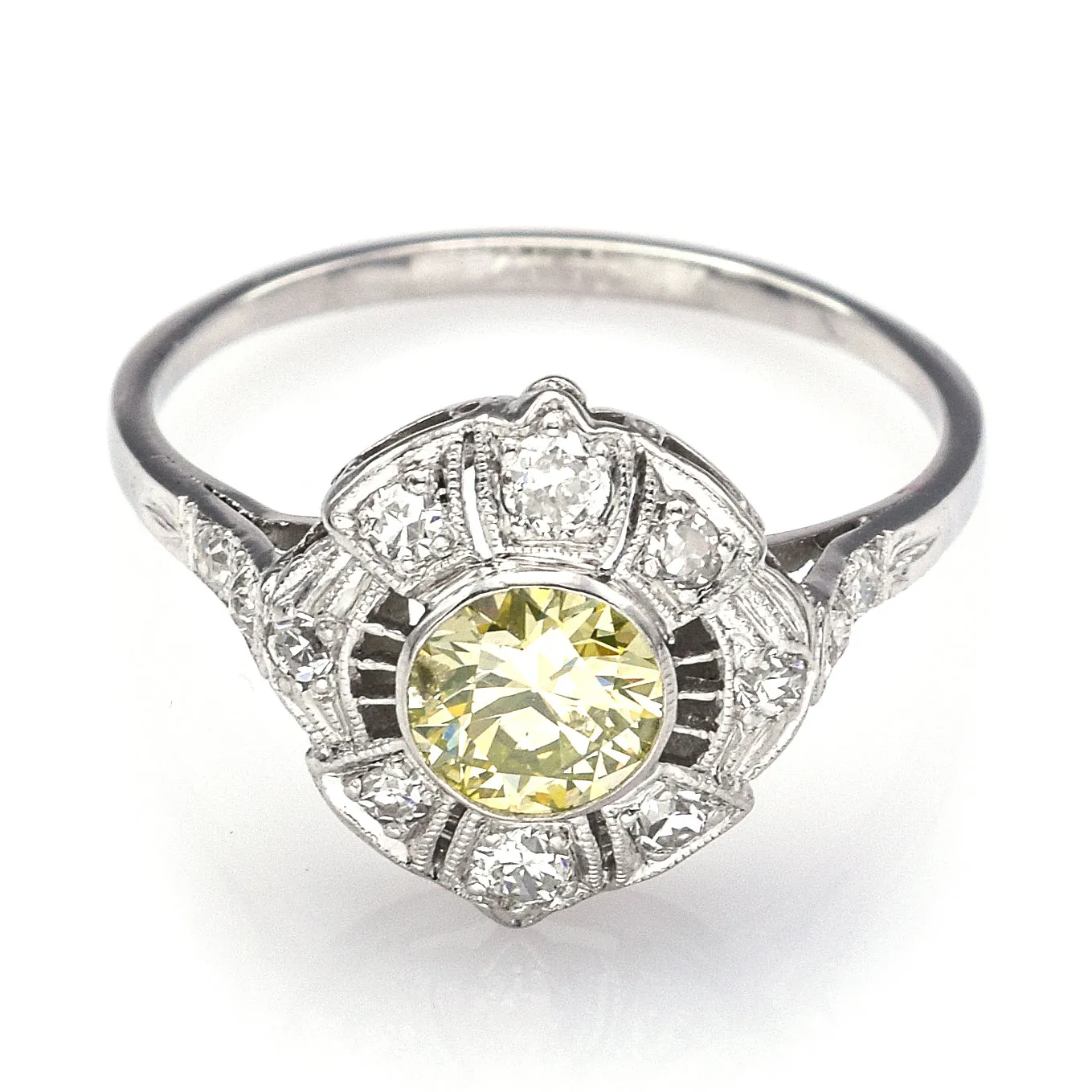 GIA Certified Platinum 0.55 Ct Fancy Light Greenish Yellow Diamond Band Ring