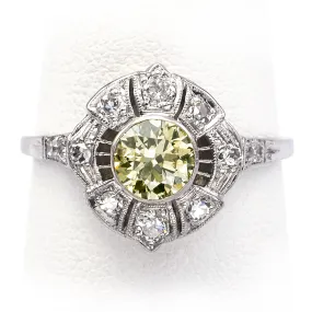 GIA Certified Platinum 0.55 Ct Fancy Light Greenish Yellow Diamond Band Ring