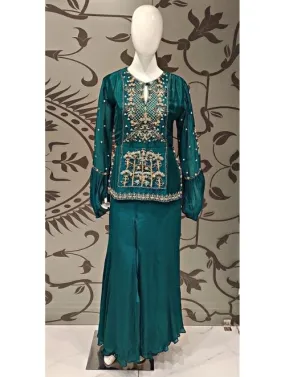 Green Chinon Plazzo with Short Shirt with Resham work