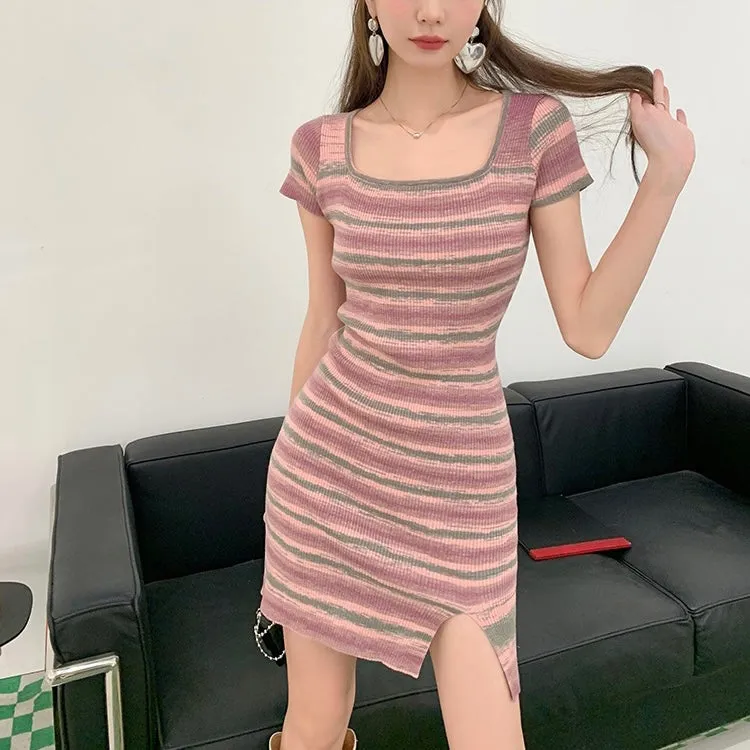 Knit Stripe Square Neck Dress