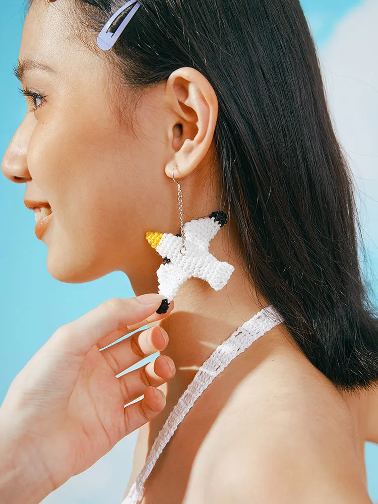 LB Hand Crochet Seagull Earrings Cute Pendant Ear Clip LOJL99