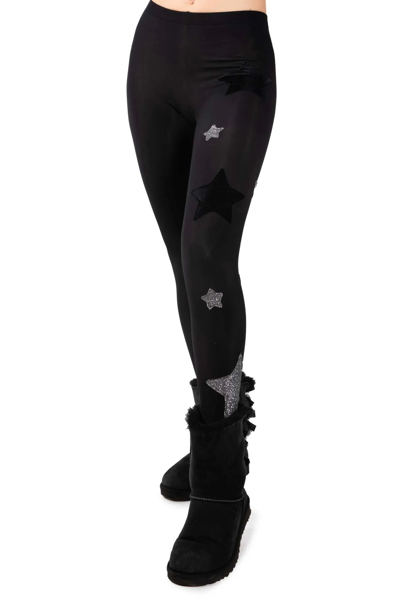 Leggings Cascata di Stelle in lycra felpata Stelle Nere e Argento