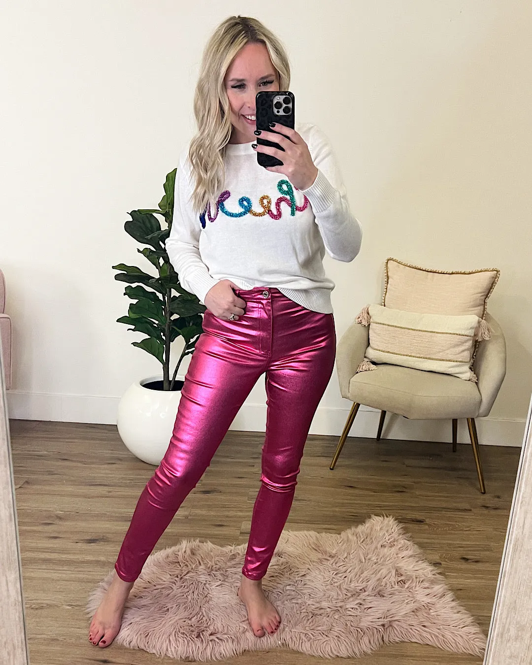 Metallic Skinny Jeans - Hot Pink