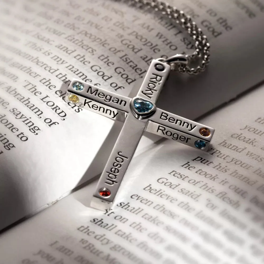 Personalized Birthstone Cross Necklace - Up to 12 Names