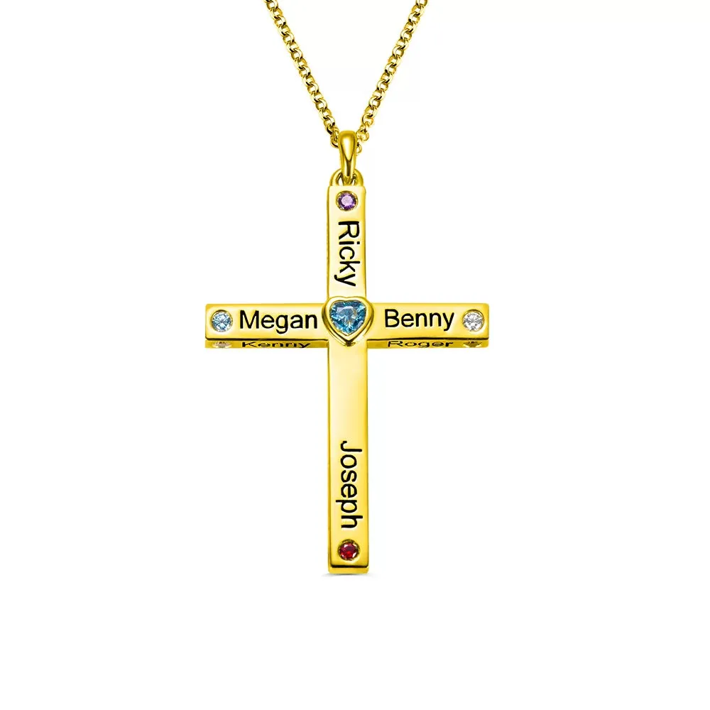 Personalized Birthstone Cross Necklace - Up to 12 Names