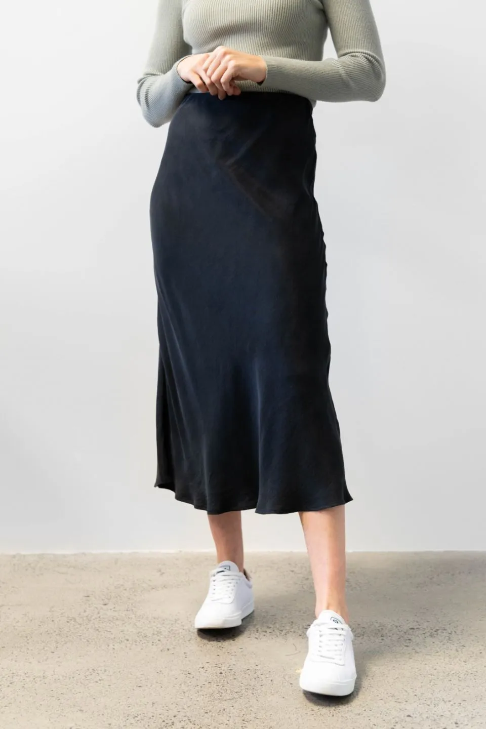 Saturn Black Cupro Bias Cut Midi Skirt