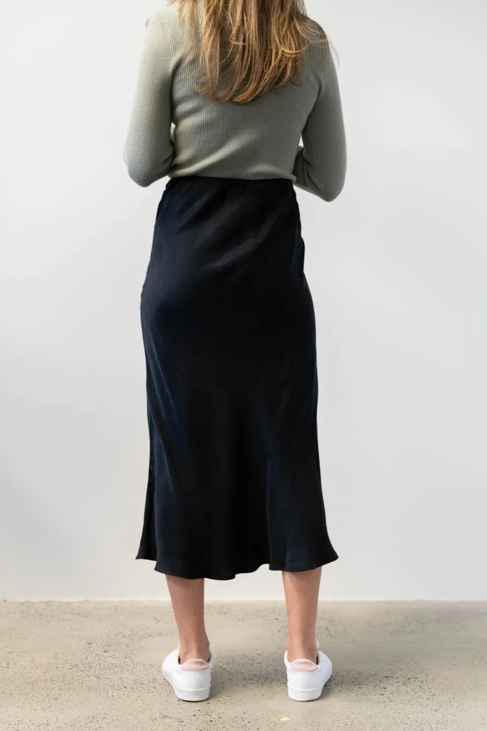 Saturn Black Cupro Bias Cut Midi Skirt