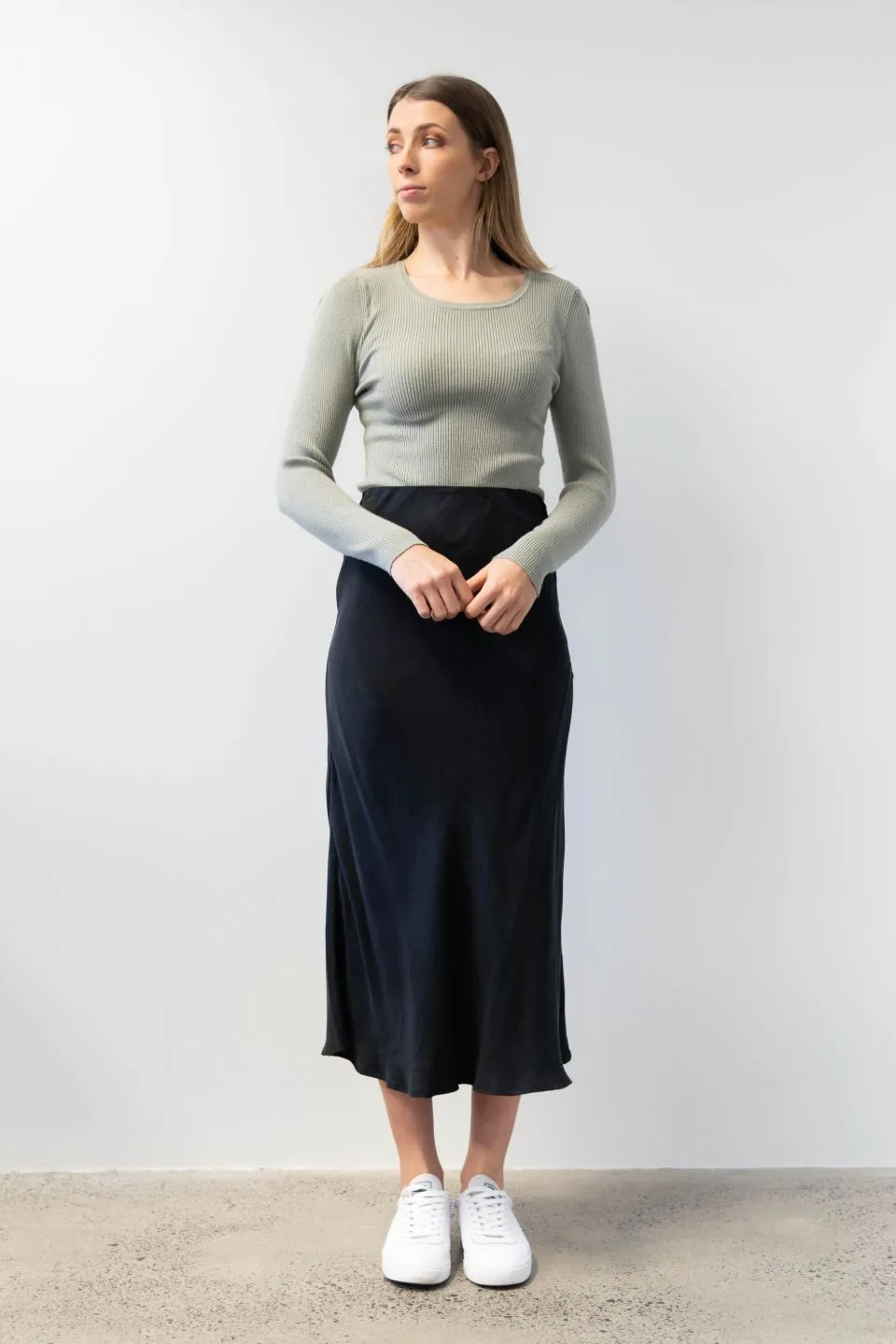 Saturn Black Cupro Bias Cut Midi Skirt