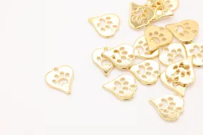 Shiny Vermeil Wholesale Gold Heart Dog Cat Paw Charm, 18K Gold Plated Sterling Silver, Paw Cut Out Charm, Animal Paw, Dog Foot Print