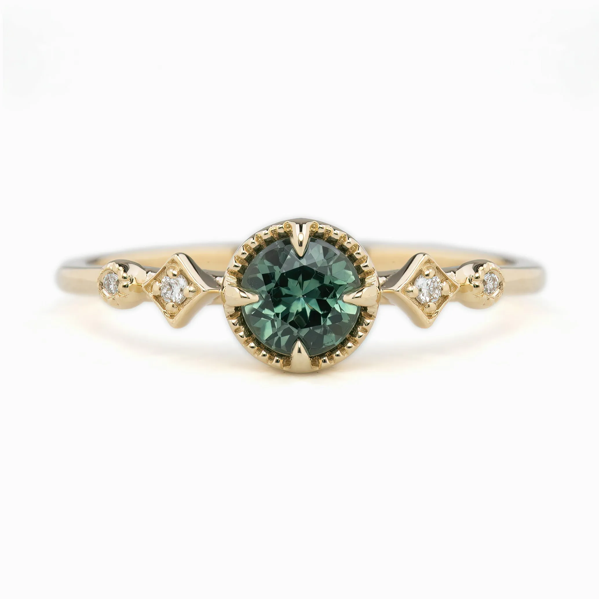 Stella Ring 5mm 0.60ct Blue green Montana Sapphire 14K Yellow Gold