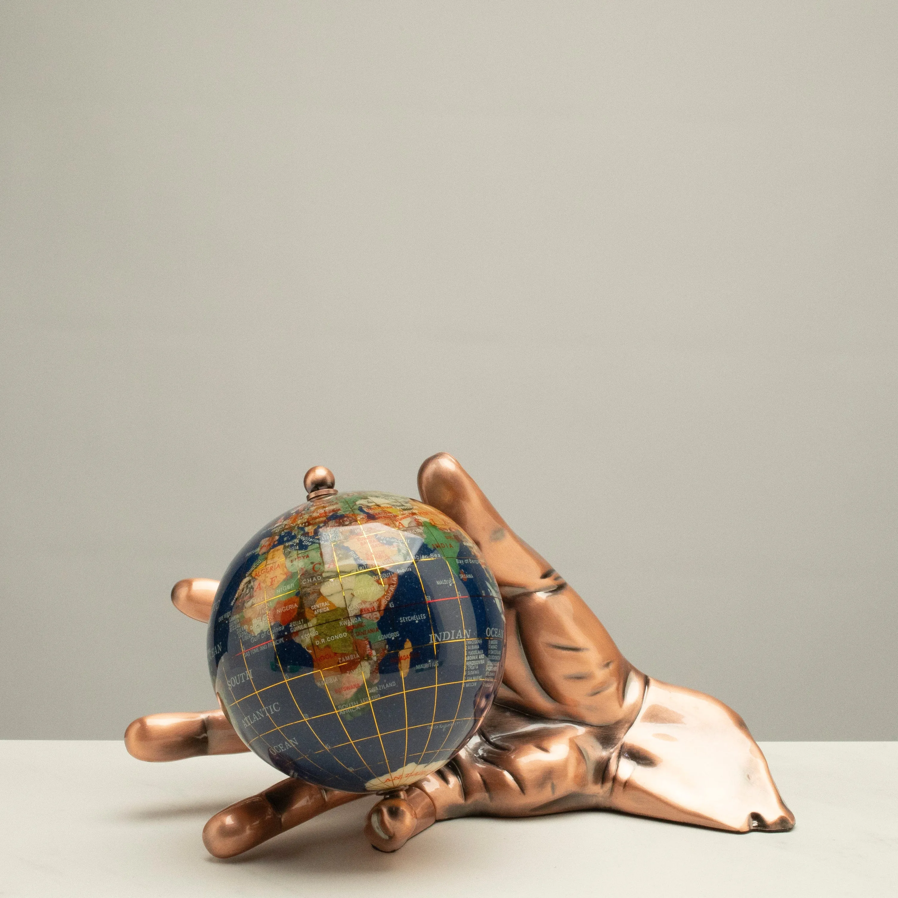 World In Your Hand - Gemstone Globe with Lapis Ocean Embraced with Copper Base