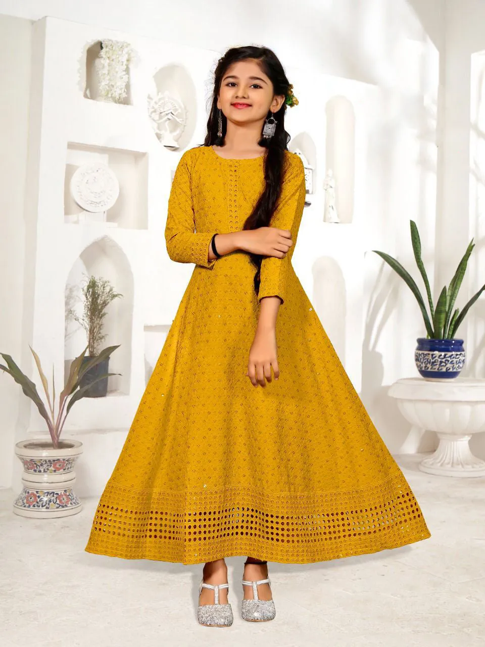 Yellow Rayon Long Gown With Chikan Work