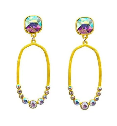 Yellow Thin Oval Outline Earrings with AB Rhinestone Stud