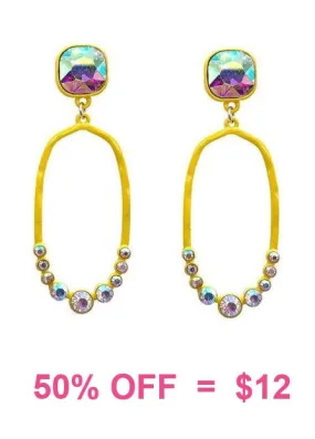 Yellow Thin Oval Outline Earrings with AB Rhinestone Stud