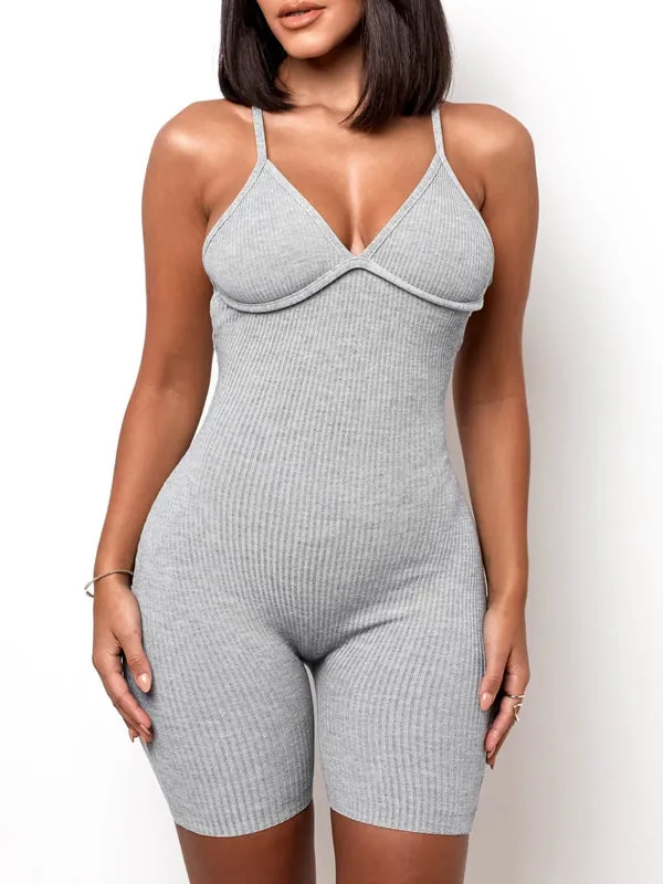 ZASUWA Female Cross Back Ribbed V Collar Short Jumpsuit