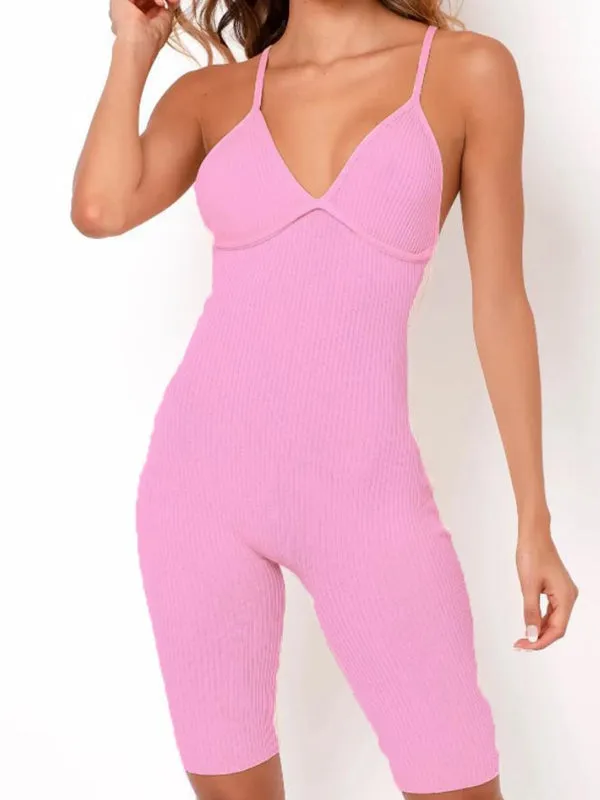 ZASUWA Female Cross Back Ribbed V Collar Short Jumpsuit